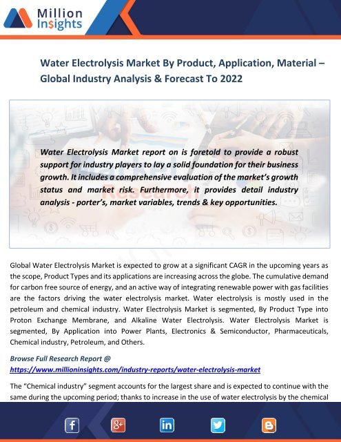 Water Electrolysis Market By Product, Application, Material – Global Industry Analysis &amp; Forecast To 2022