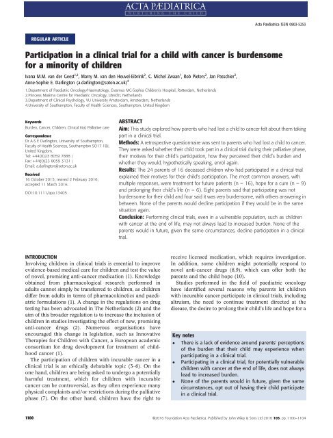 Participation in a clinical trial for a child with cancer is burdensome for a minority of children