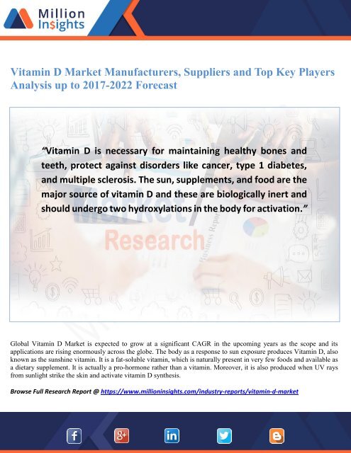 Vitamin D Market Manufacturers, Suppliers and Top Key Players Analysis up to 2017-2022 Forecast