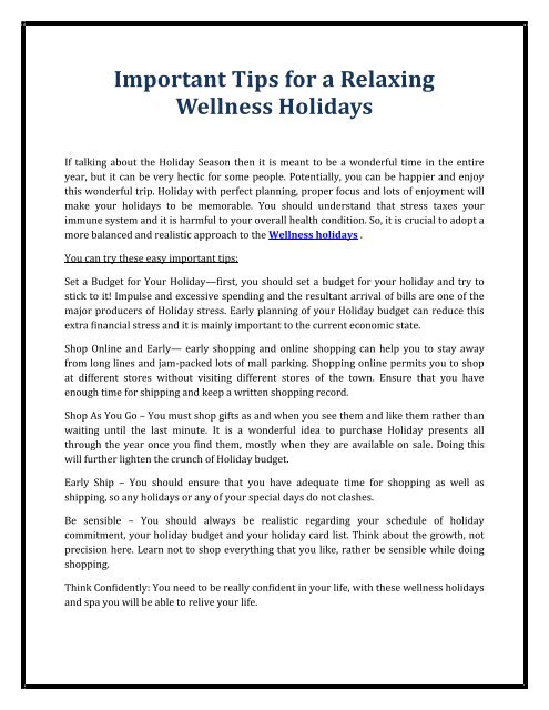 Wellness holidays