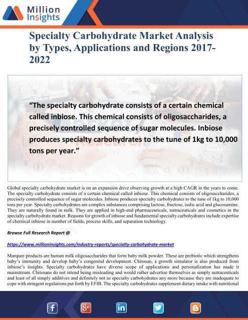 Specialty Carbohydrate Market Analysis by Types, Applications and Regions 2017-2022