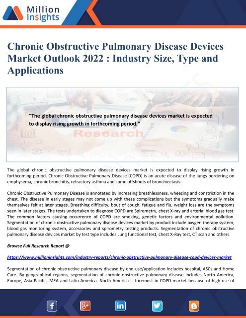 Chronic Obstructive Pulmonary Disease Devices Market Outlook 2022 - Industry Size, Type and Applications