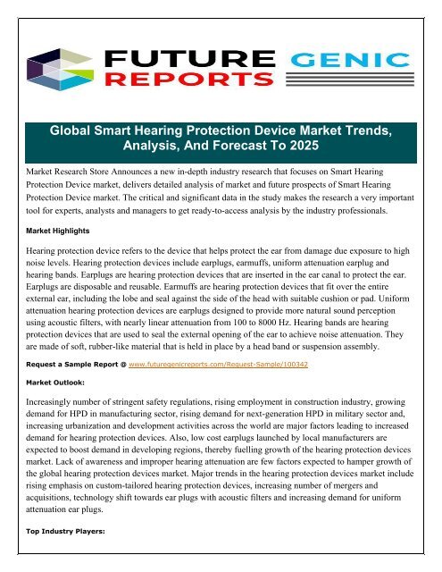 Smart Hearing Protection Device Market for Increased Safety and Performance, Trends in 2018 by Top Industry Players and Future Prospects up to 2023