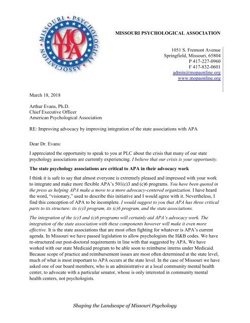 MOPA 2018 Letter to Dr. Evans regarding STPAs