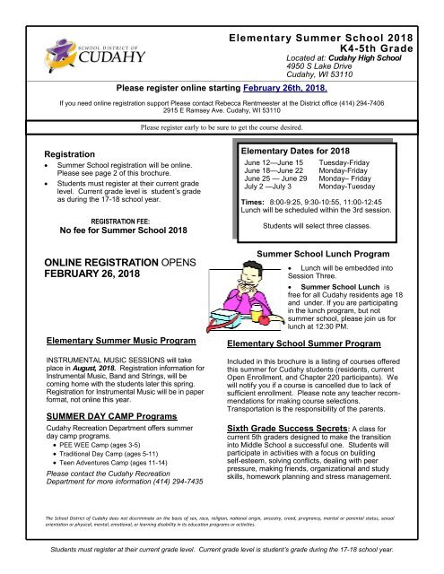 Summer School Brochure for 2018 Elem 