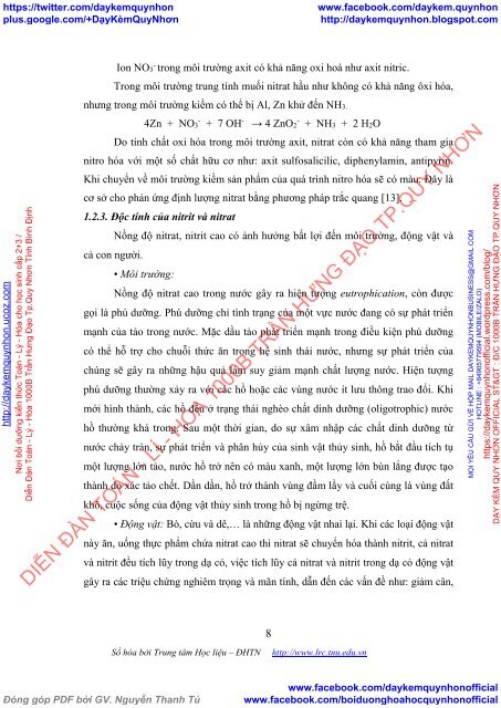 Nghiên cứu đánh giá hàm lượng nitrat, nitrit trong các nguồn nước cấp cho các nhà máy xử lý nước của tỉnh Quảng Ninh bằng phương pháp phổ hấp thụ phân tử (2016)