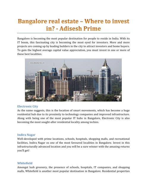 Bangalore real estate – Where to invest in? - Adisesh Prime