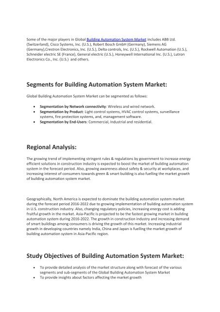 Building Automation System Market Size, Revenue, Growth Rate Analysis and Forecast 2022