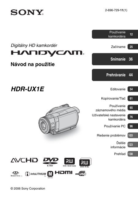 Sony HDR-UX1E - HDR-UX1E Consignes d&rsquo;utilisation Slovaque