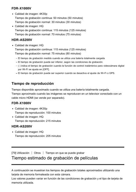 Sony FDR-X1000VR - FDR-X1000VR Manuel d'aide Espagnol