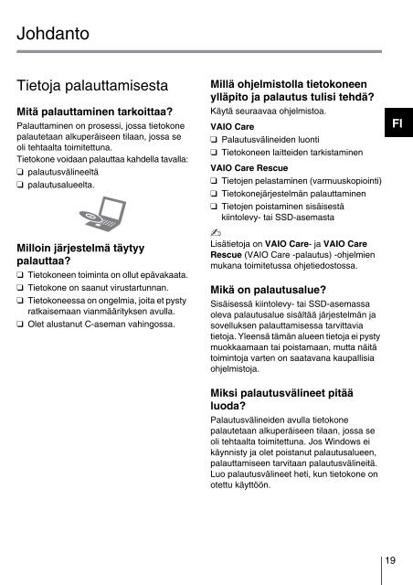 Sony SVS1511T9E - SVS1511T9E Guida alla risoluzione dei problemi Finlandese