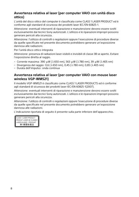 Sony SVS1511T9E - SVS1511T9E Documenti garanzia Italiano