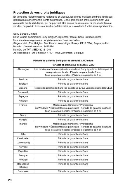 Sony SVS1511T9E - SVS1511T9E Documenti garanzia Francese