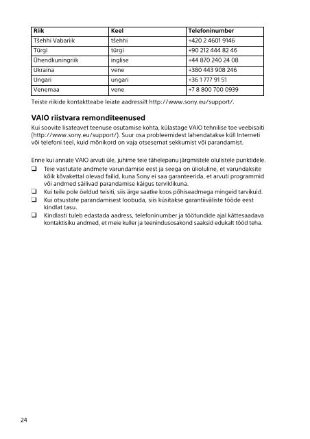Sony SVF1521L1E - SVF1521L1E Documents de garantie Estonien