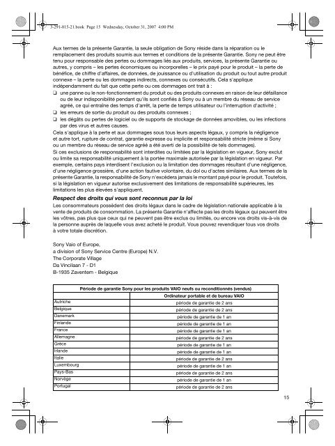 Sony VGN-CR41ZR - VGN-CR41ZR Documents de garantie Fran&ccedil;ais