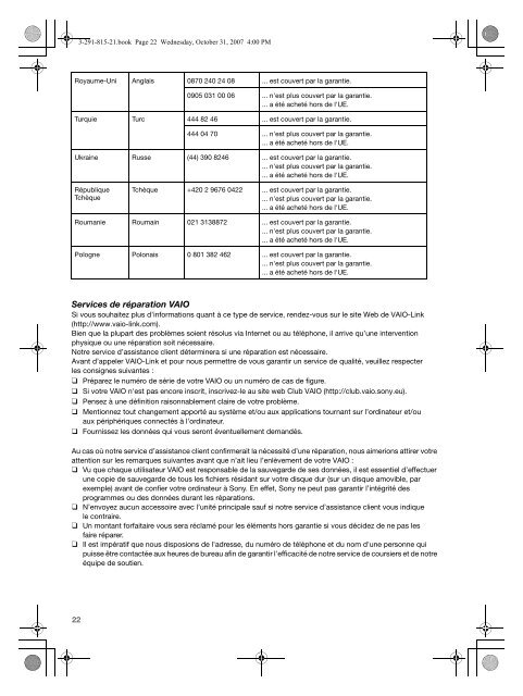 Sony VGN-CR41ZR - VGN-CR41ZR Documents de garantie Fran&ccedil;ais