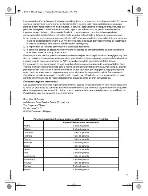 Sony VGN-CR41ZR - VGN-CR41ZR Documents de garantie Espagnol