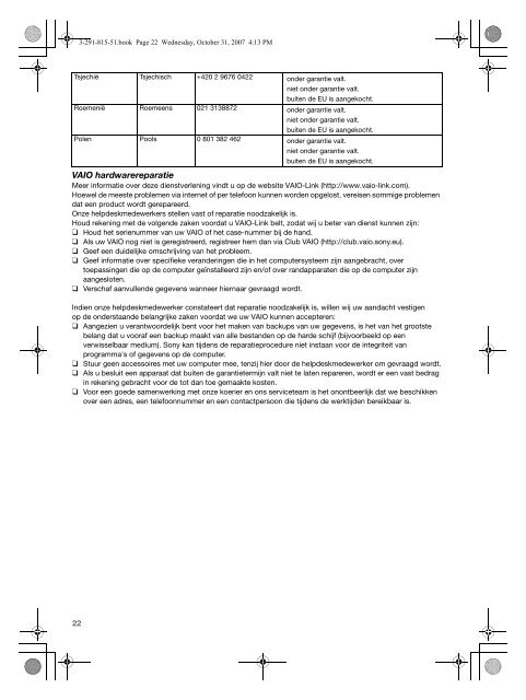 Sony VGN-CR41ZR - VGN-CR41ZR Documents de garantie N&eacute;erlandais