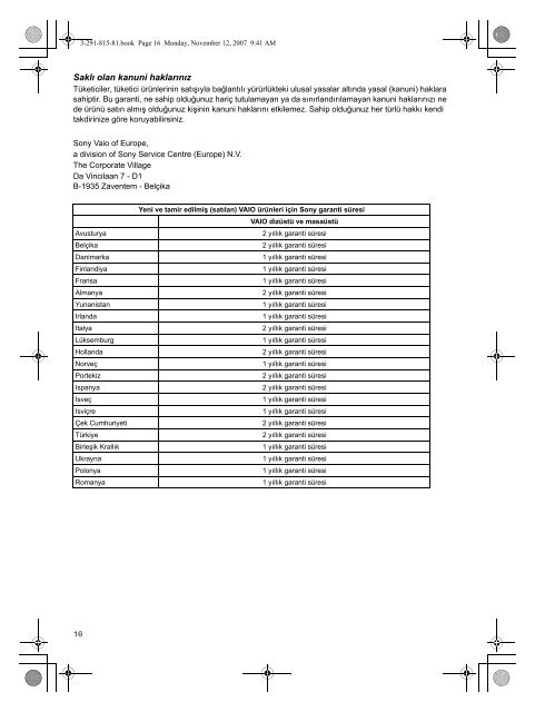 Sony VGN-CR41ZR - VGN-CR41ZR Documents de garantie Turc