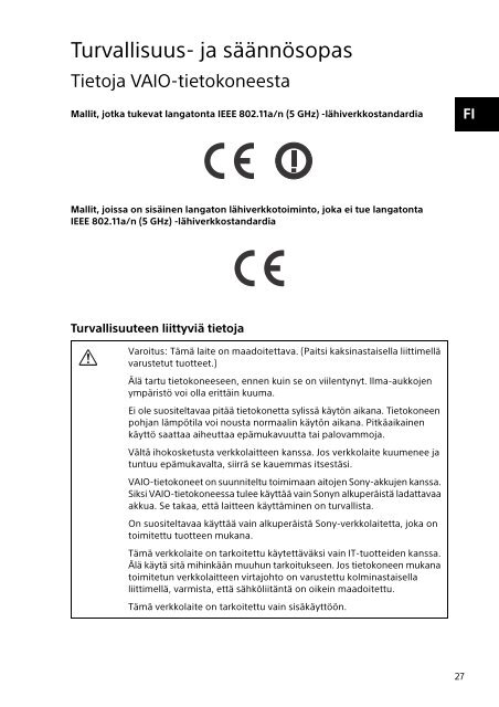 Sony SVF1541M1R - SVF1541M1R Documenti garanzia Finlandese