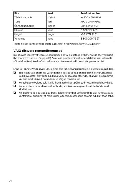Sony SVF1541M1R - SVF1541M1R Documenti garanzia Estone