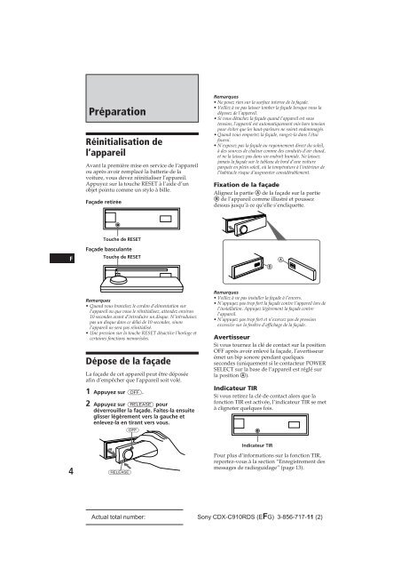 Sony CDX-C910RDS - CDX-C910RDS Istruzioni per l'uso Francese