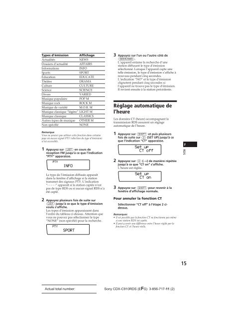 Sony CDX-C910RDS - CDX-C910RDS Istruzioni per l'uso Francese