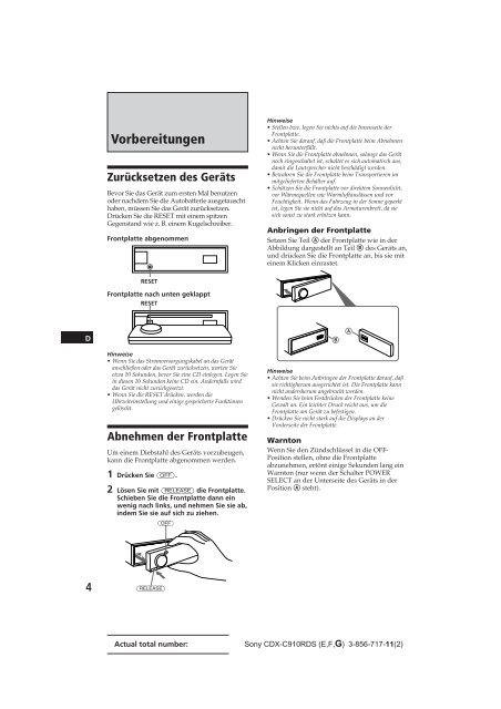 Sony CDX-C910RDS - CDX-C910RDS Istruzioni per l'uso Francese