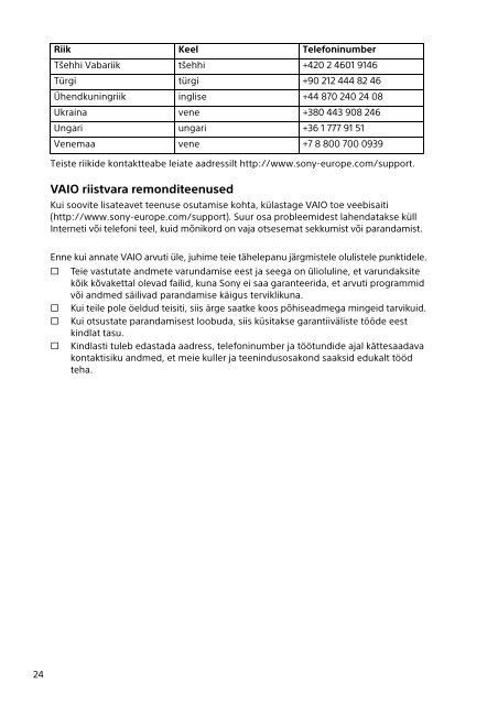 Sony SVE1512Z1E - SVE1512Z1E Documents de garantie Letton