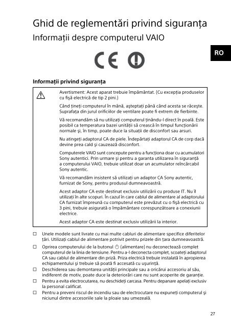 Sony SVE1512Z1E - SVE1512Z1E Documents de garantie Roumain