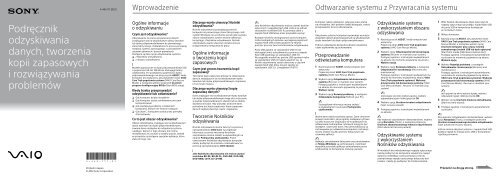 Sony SVE1512Z1E - SVE1512Z1E Guide de d&eacute;pannage Polonais