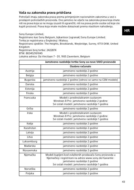 Sony SVE1512Z1E - SVE1512Z1E Documents de garantie Slov&eacute;nien