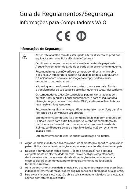 Sony SVE1512Z1E - SVE1512Z1E Documents de garantie Portugais