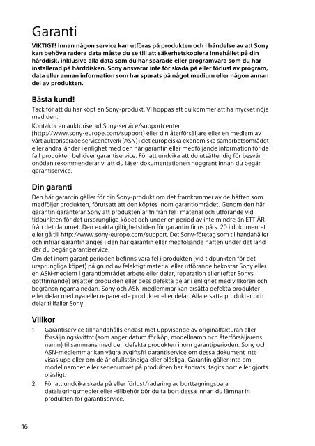 Sony SVE1512Z1E - SVE1512Z1E Documents de garantie Su&eacute;dois