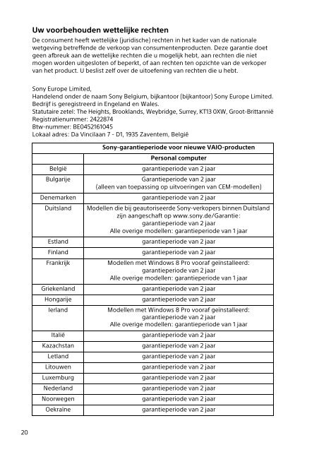 Sony SVE1512Z1E - SVE1512Z1E Documents de garantie N&eacute;erlandais