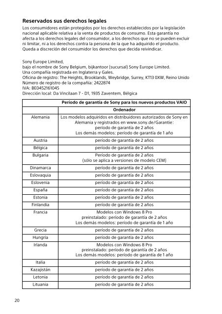 Sony SVE1512Z1E - SVE1512Z1E Documents de garantie Espagnol