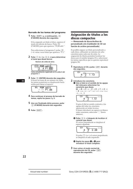 Sony CDX-C910RDS - CDX-C910RDS Istruzioni per l'uso Spagnolo