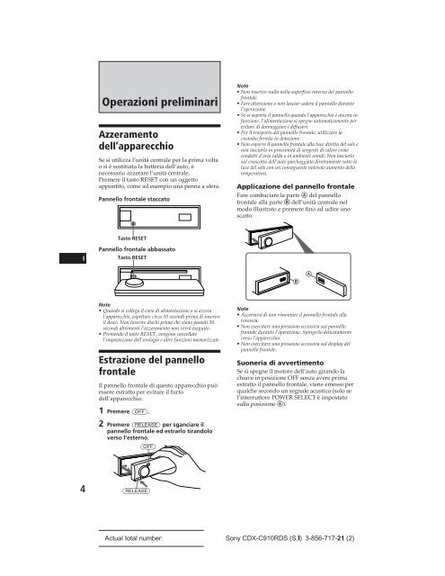 Sony CDX-C910RDS - CDX-C910RDS Istruzioni per l'uso Spagnolo