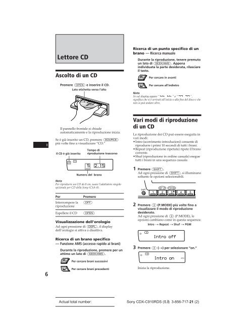 Sony CDX-C910RDS - CDX-C910RDS Istruzioni per l'uso Spagnolo