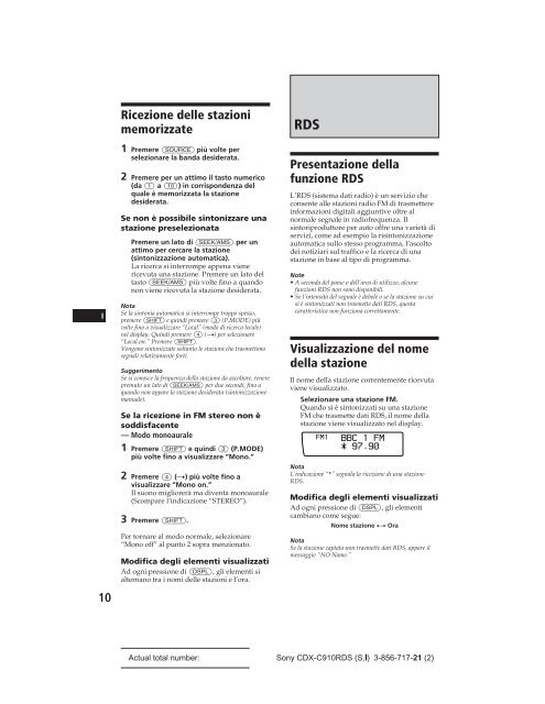 Sony CDX-C910RDS - CDX-C910RDS Istruzioni per l'uso Spagnolo