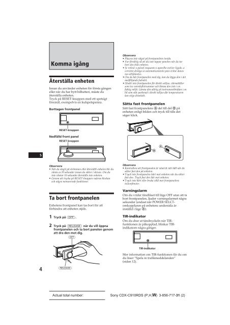 Sony CDX-C910RDS - CDX-C910RDS Istruzioni per l'uso Svedese