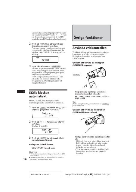 Sony CDX-C910RDS - CDX-C910RDS Istruzioni per l'uso Svedese