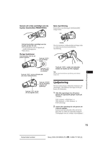 Sony CDX-C910RDS - CDX-C910RDS Istruzioni per l'uso Svedese