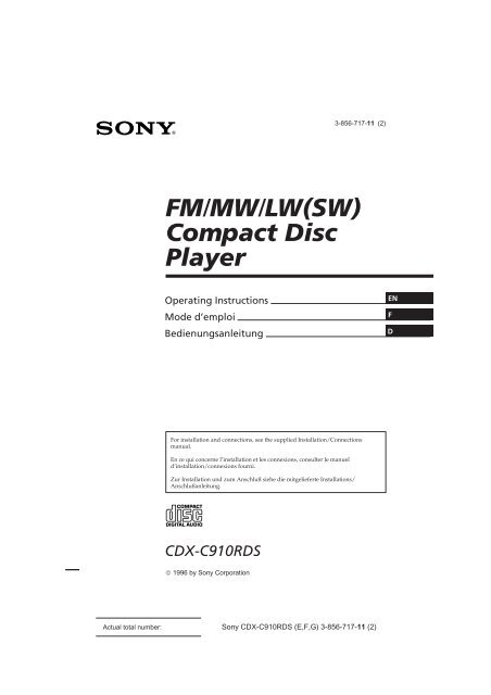 Sony CDX-C910RDS - CDX-C910RDS Istruzioni per l'uso Inglese