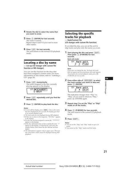 Sony CDX-C910RDS - CDX-C910RDS Istruzioni per l'uso Inglese