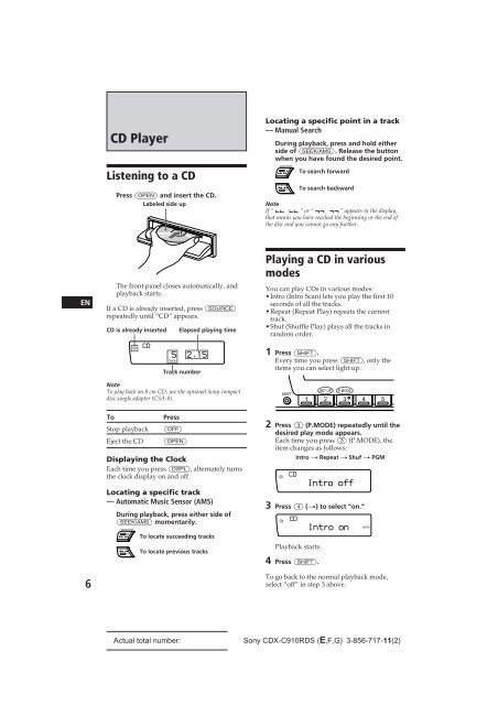 Sony CDX-C910RDS - CDX-C910RDS Istruzioni per l'uso Inglese
