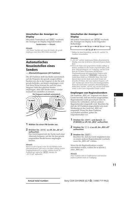 Sony CDX-C910RDS - CDX-C910RDS Istruzioni per l'uso Inglese