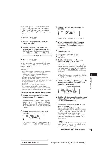 Sony CDX-C910RDS - CDX-C910RDS Istruzioni per l'uso Inglese