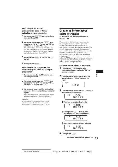 Sony CDX-C910RDS - CDX-C910RDS Istruzioni per l'uso Portoghese