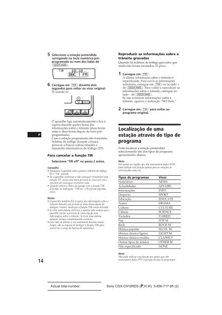 Sony CDX-C910RDS - CDX-C910RDS Istruzioni per l'uso Portoghese